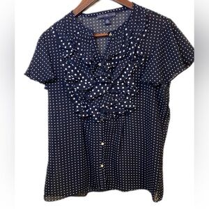Navy with white Polka Dot -Sheer Ruffle Blouse Workwear Size M